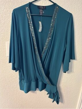 Sandra & Andre’ Teal Wrap Blouse with Embellished Trim